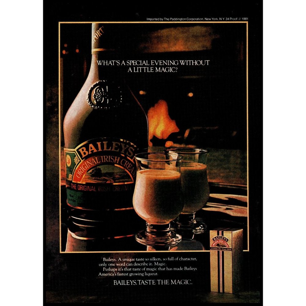 1982 Bailey's Irish Cream Liqueur Vintage Print Ad Fireplace Romance Wall Art